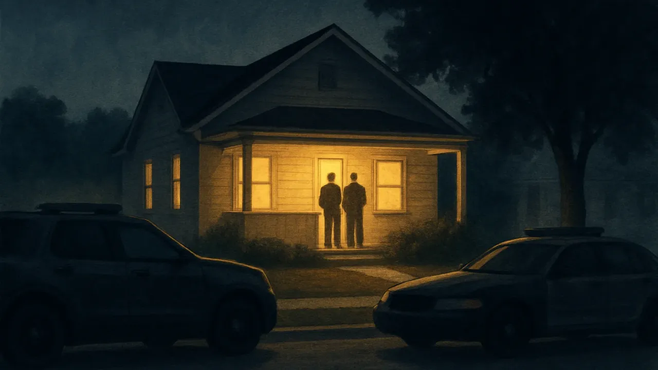Illustration of police presence outside a residential home during an arrest, with calm, non-graphic focus on safety and response.