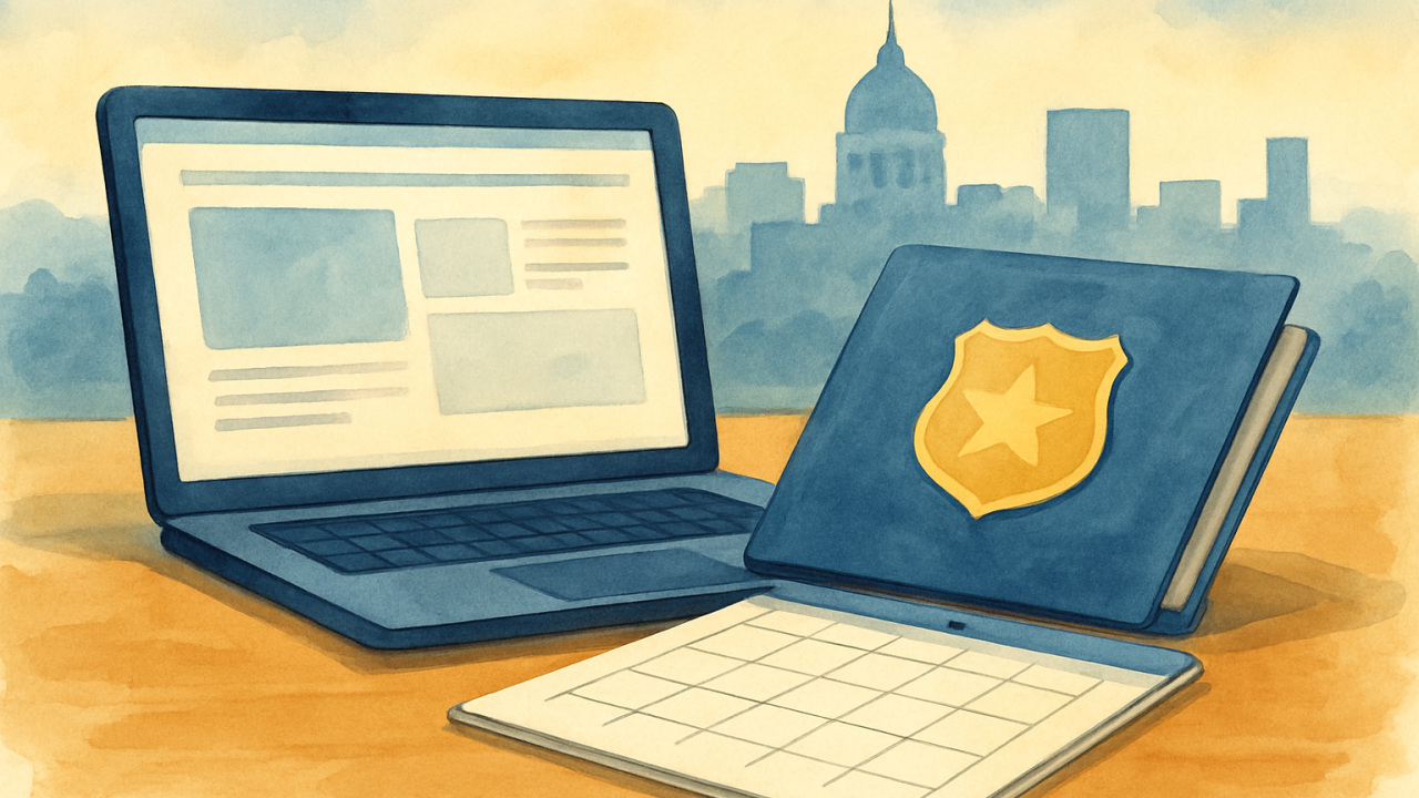 An illustrated desk scene with a calendar and web-style screen representing an updated public safety wanted list