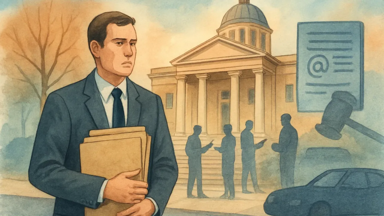 An original illustration of a courthouse setting with a case file holder representing a local legal dispute over a dismissed perjury charge.