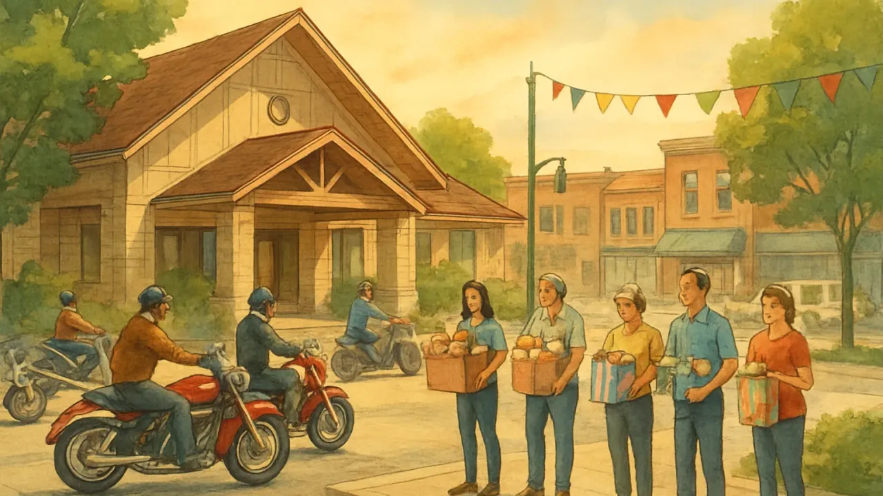 Illustration of vehicles gathering for a toy donation ride with volunteers preparing gift boxes for local families