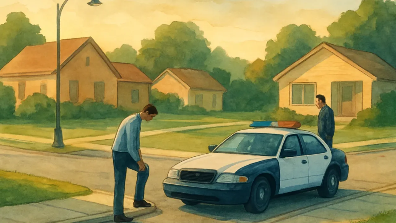 Illustration of early-morning street scene with a patrol car and two separated figures following a workplace dispute.