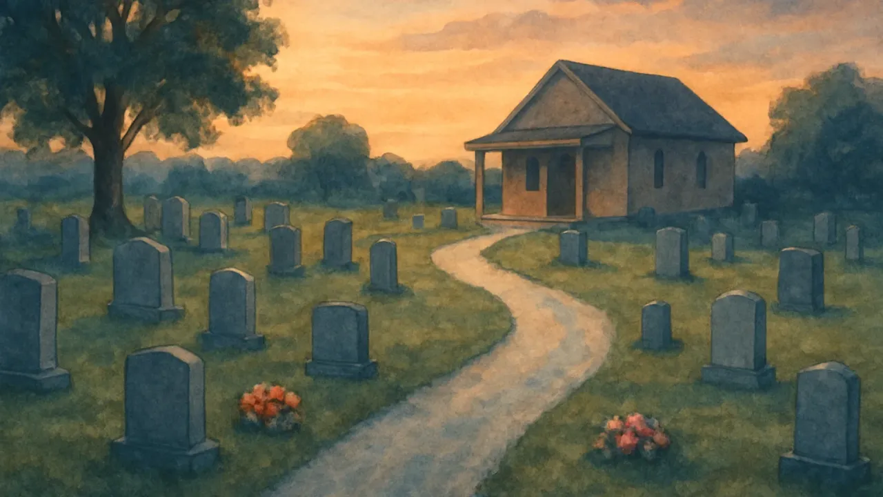 Illustration of a calm Kansas cemetery at dusk with a nearby chapel and floral tributes.
