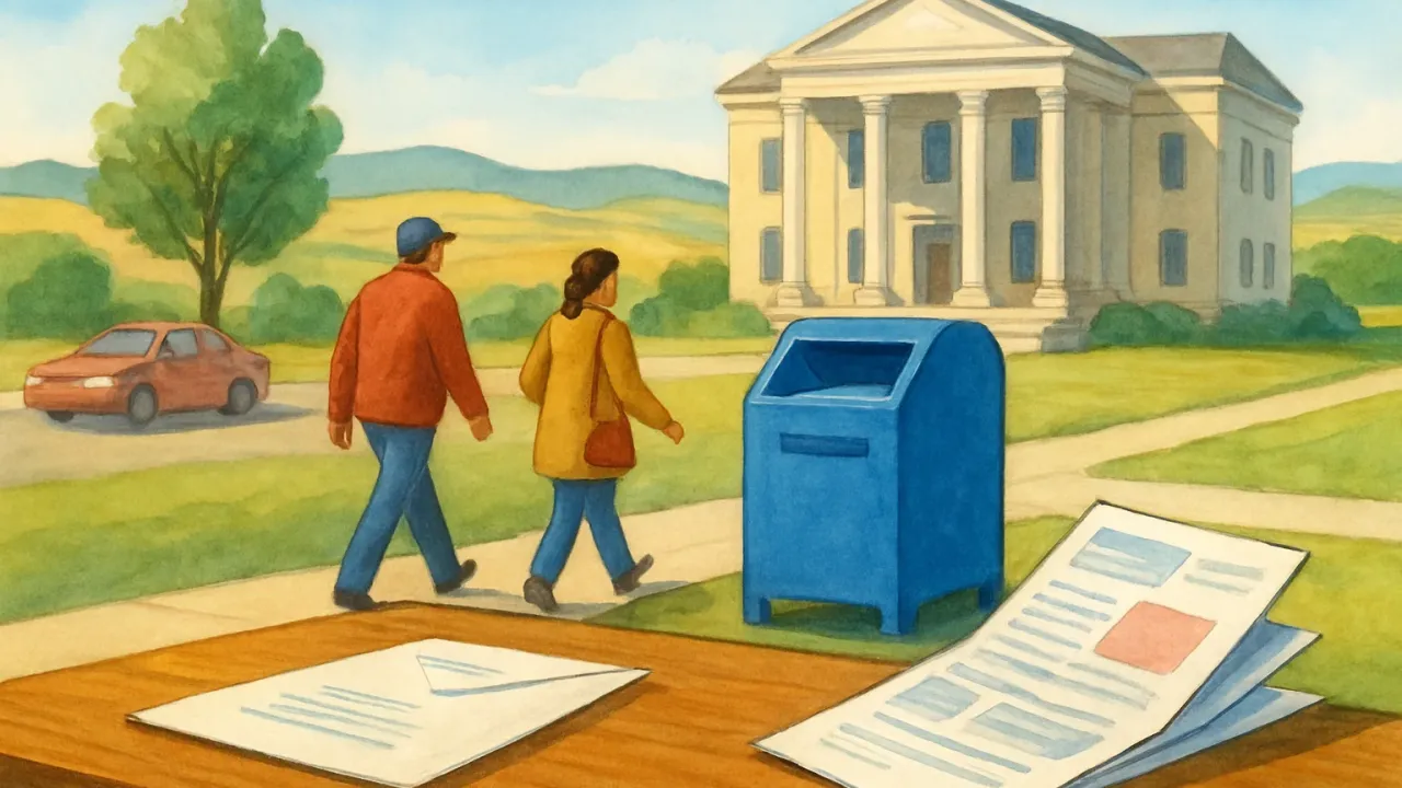 People in a Kansas town moving toward a civic building with informational materials and a ballot drop area under a clear sky.