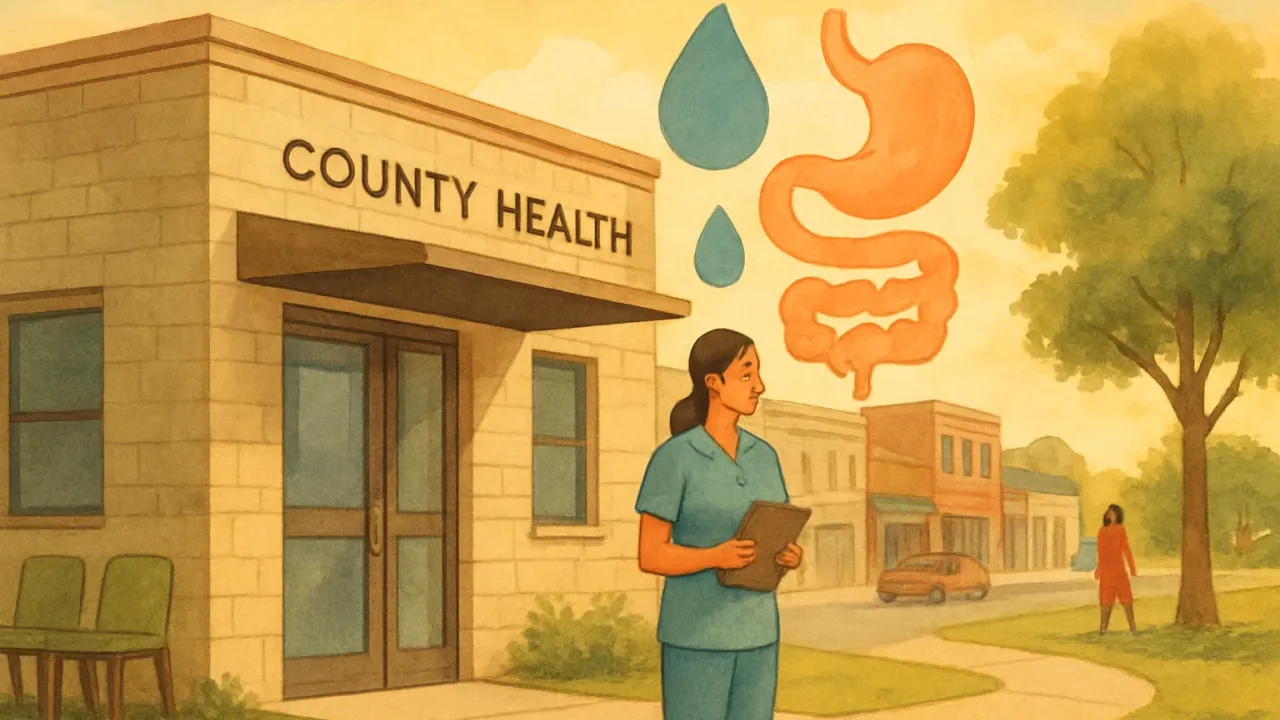 Illustration of a county health office with a healthcare worker and gentle symbols representing gastrointestinal illness investigation
