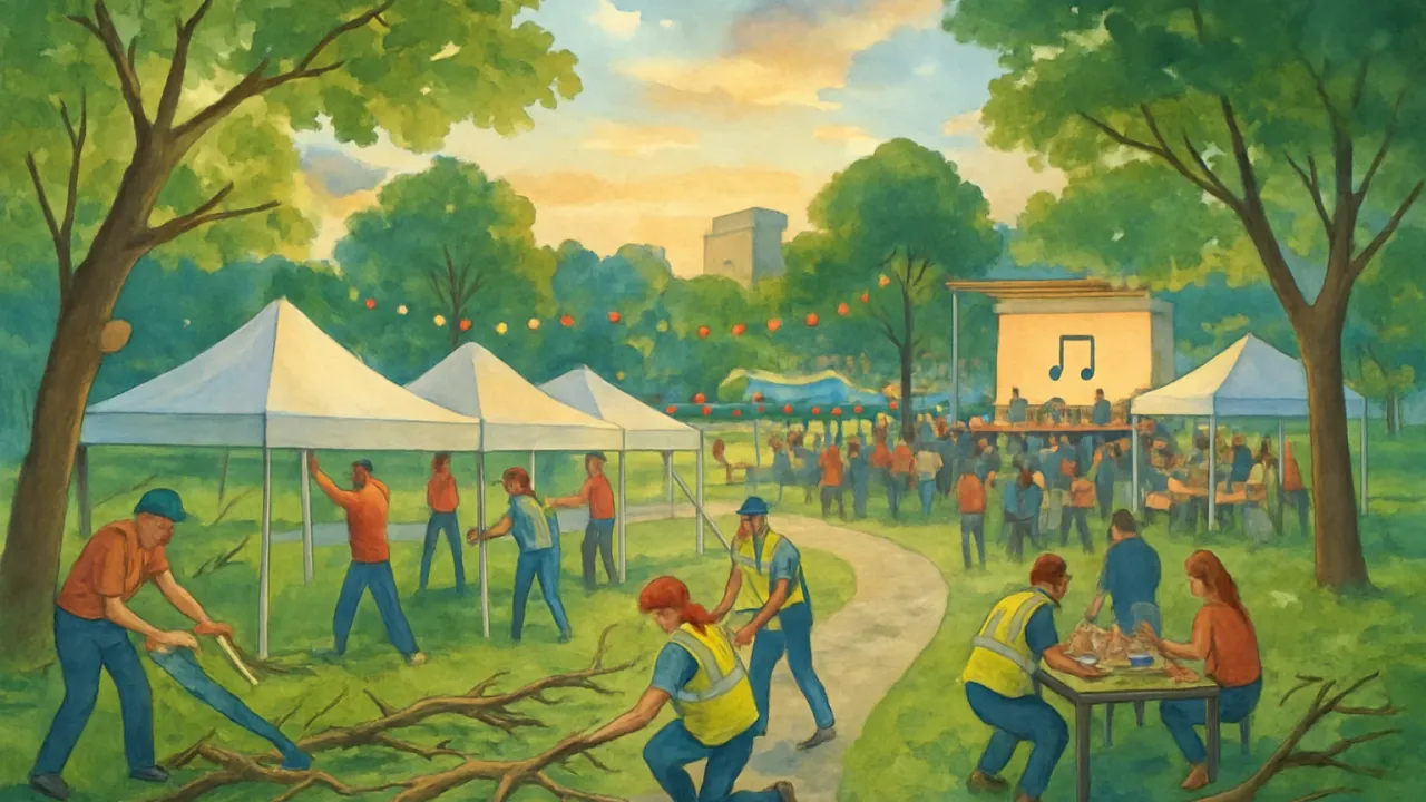 Community volunteers clear storm debris in a city park while festival-goers gather under restored tents and lights.