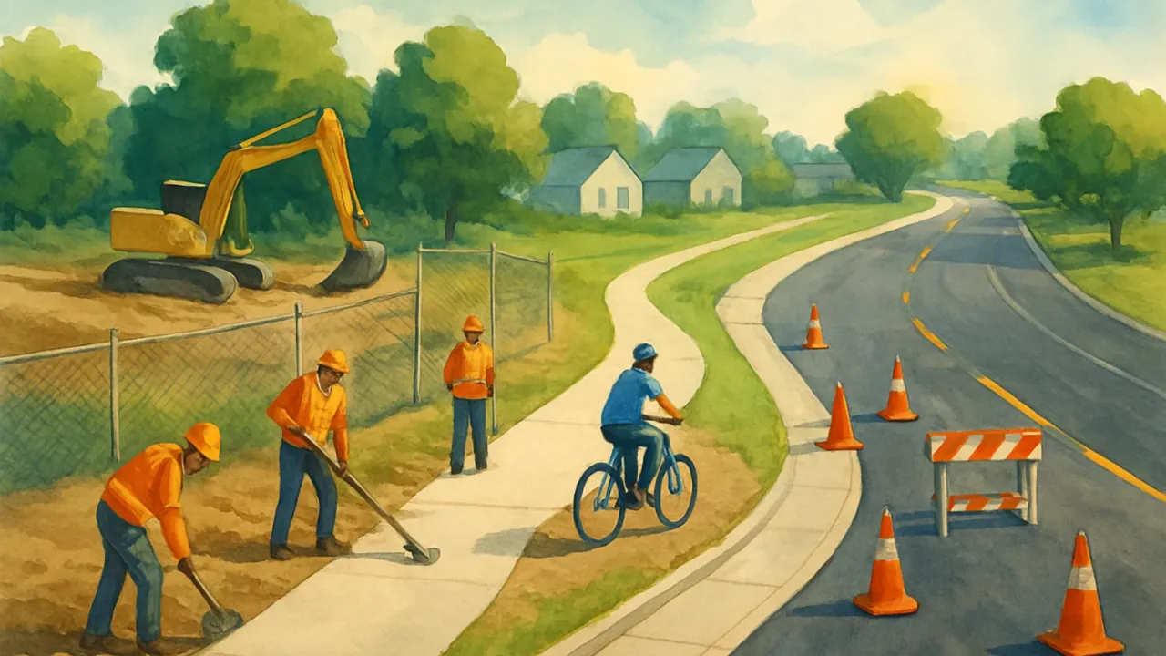 Construction crews build a connected hike-and-bike trail beside Magnolia Road with a lane closure and barriers.
