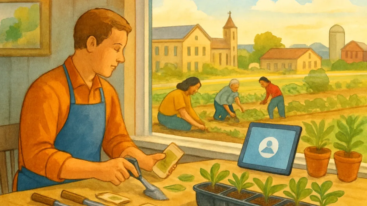 Illustration showing hybrid gardening training with plants, tools, and a video call on a tablet.