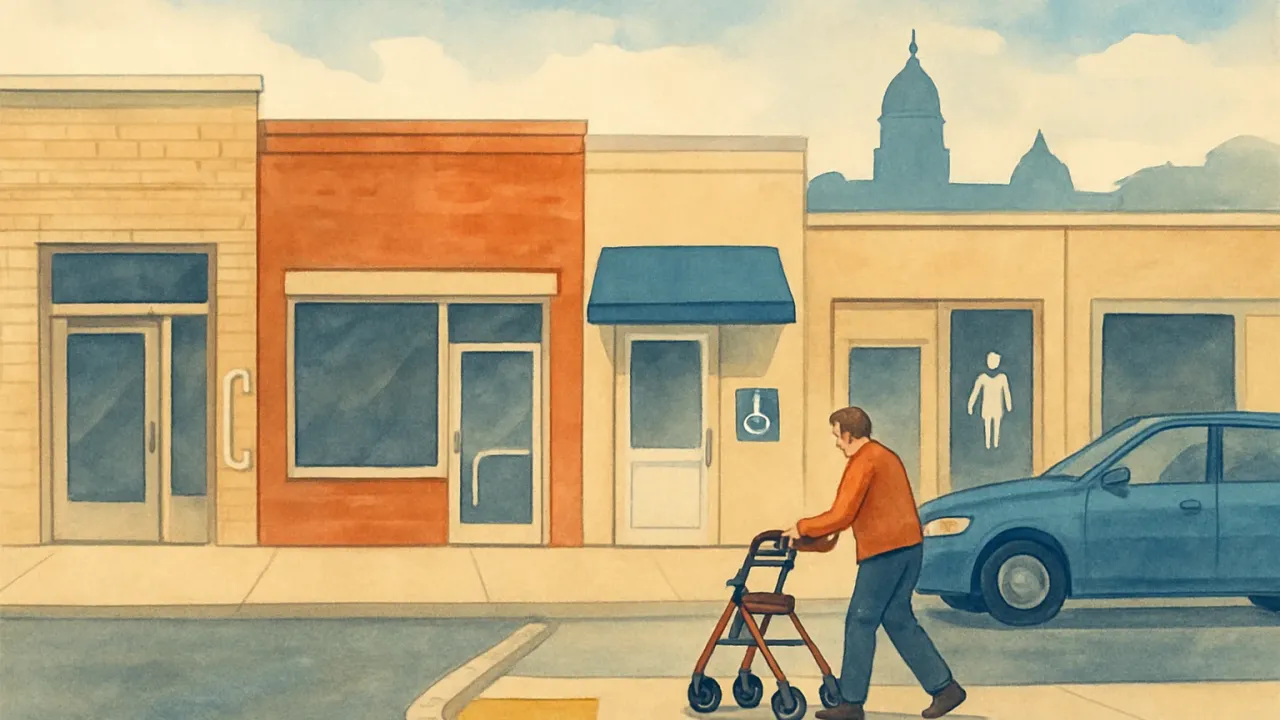 An illustration showing storefronts, curb accessibility, and an ADA-related legal backdrop