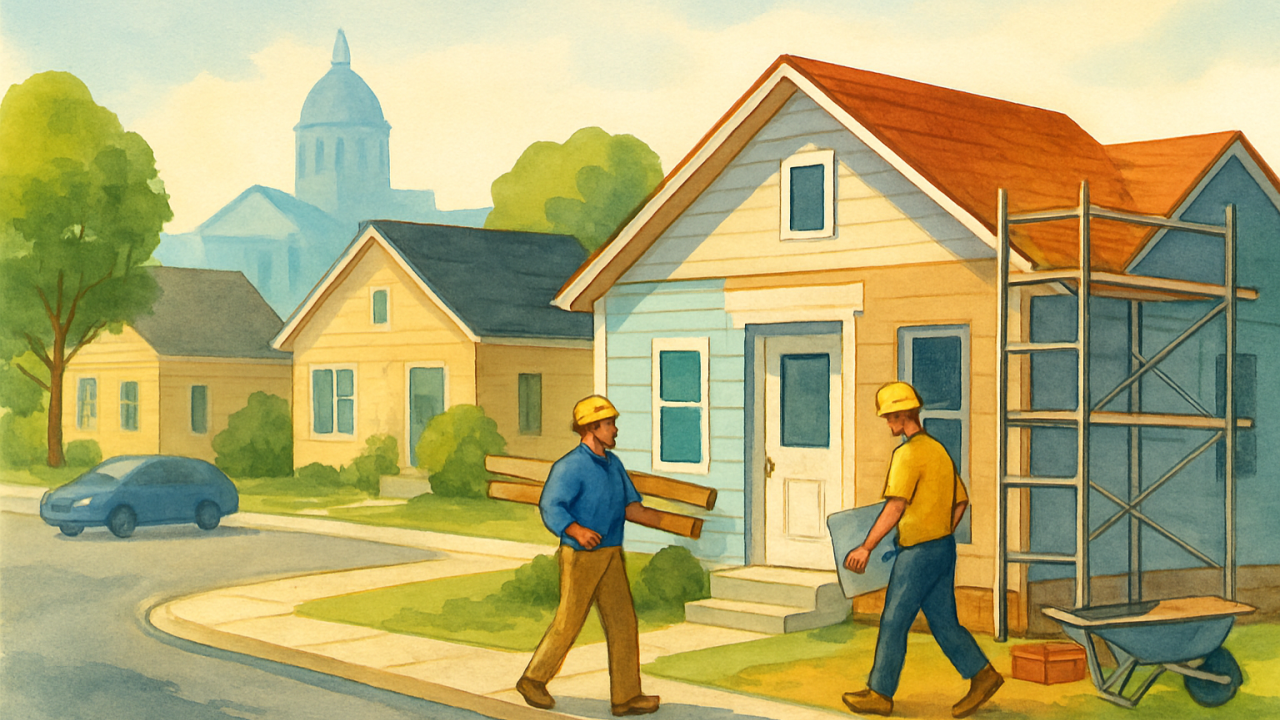 An illustration showing neighborhood home renovations and new construction elements with a civic building silhouette in the background, suggesting local affordable housing efforts.