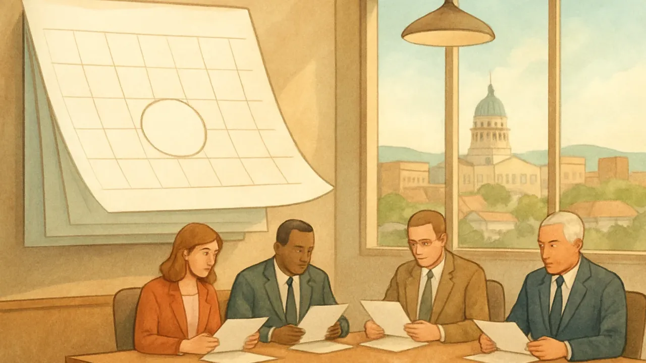 A calm city hall council chamber scene with leaders reviewing documents and a calendar page approaching an upcoming date, symbolizing a temporary moratorium decision.