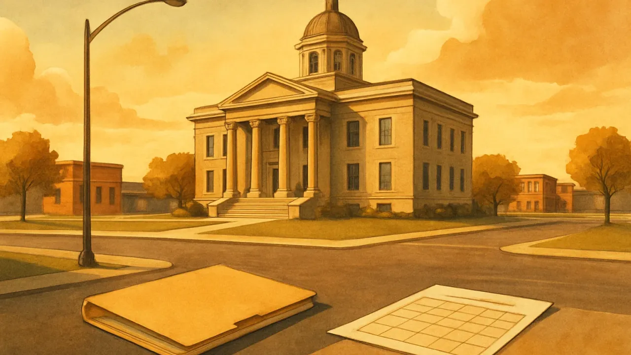 Illustration of a courthouse and road intersection symbolizing a fatal hit-and-run sentencing.