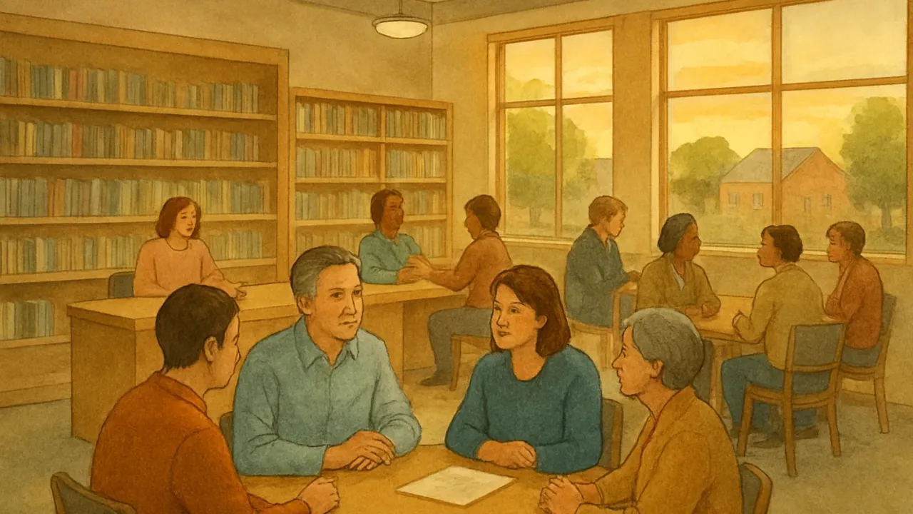 People meeting candidates in a welcoming public library setting, suggesting civic engagement before a primary election.