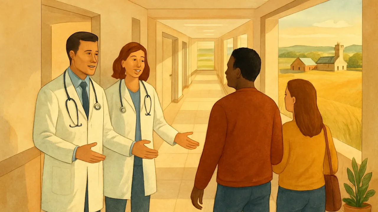 Two clinicians welcoming patients in a rural hospital hallway with a Kansas prairie backdrop