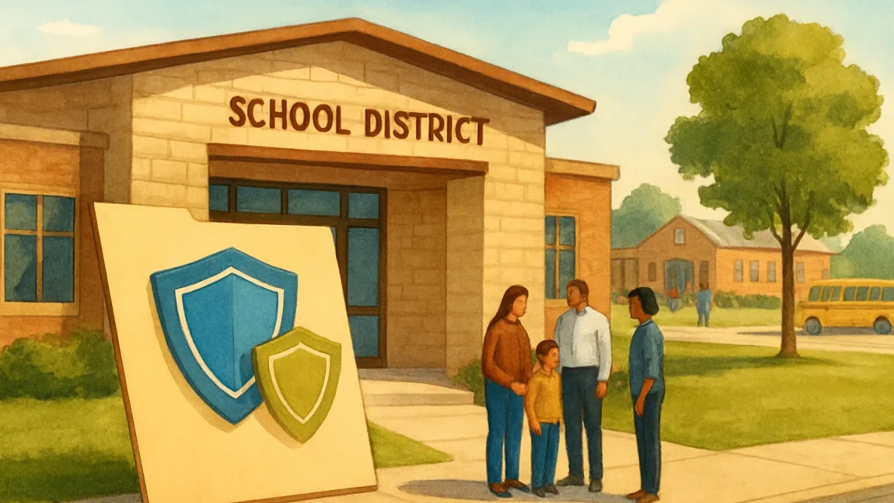 A school district office and open records folder imagery representing privacy compliance and parent access.