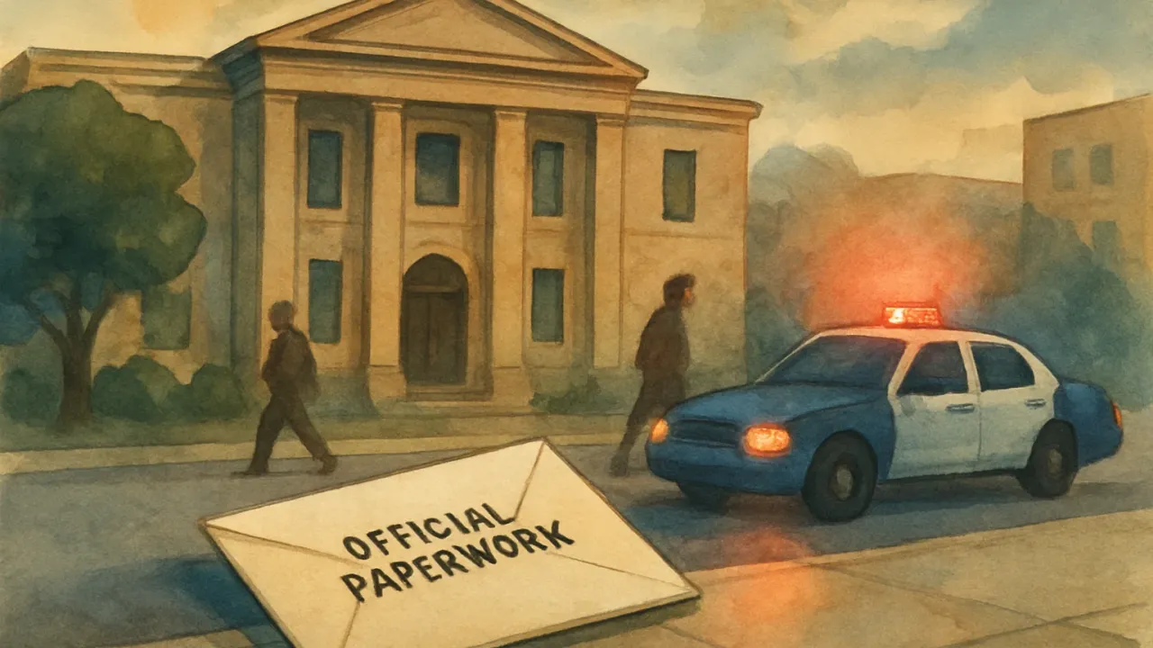 Illustration showing civic accountability after a city official’s arrest, with a government office and police lights in an urban streetscape.