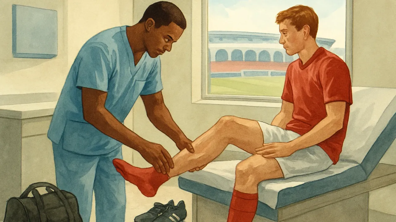 A podiatry exam scene paired with hints of a stadium atmosphere during a World Cup visit