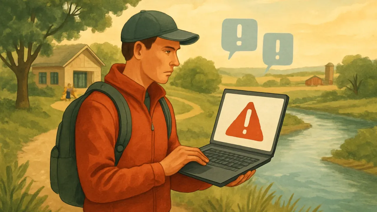 A person planning an outdoor trip while avoiding suspicious websites on a laptop near a scenic trail