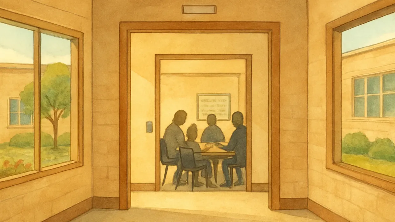 An editorial illustration showing a school board meeting space and community-focused planning for Garden City schools.