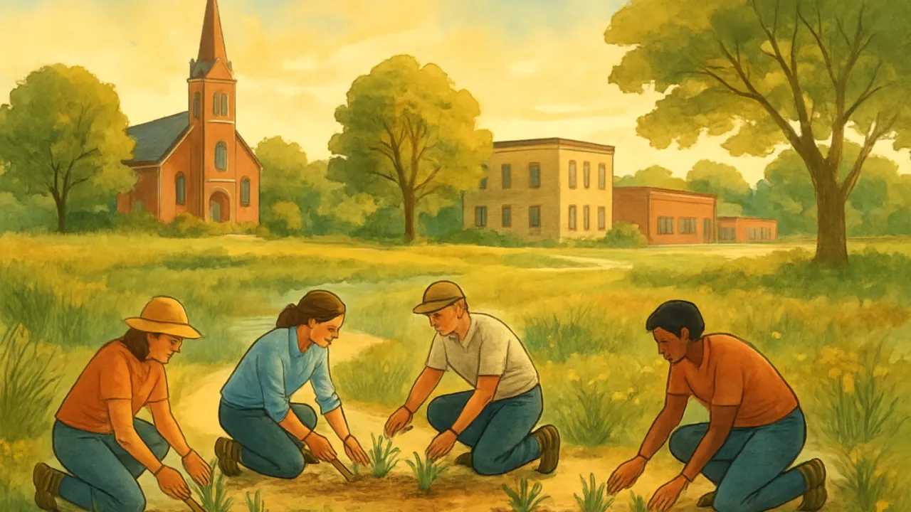 Volunteers planting native prairie plants in a downtown-adjacent natural area with mixed habitat zones.
