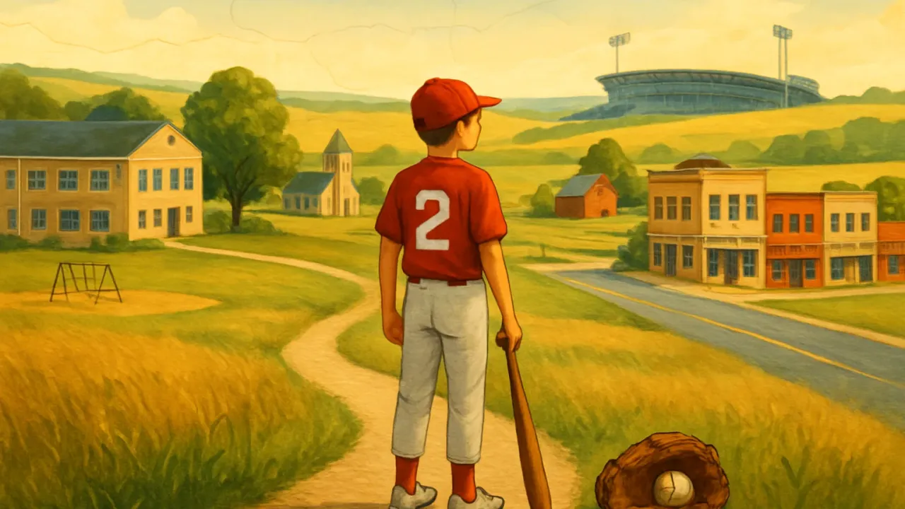 A baseball player symbolizing a journey from a Kansas school field toward a professional stadium