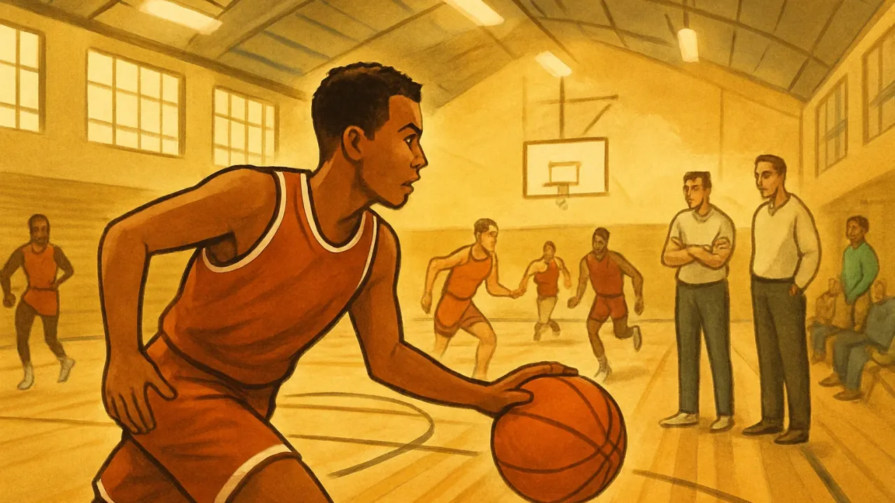 A dynamic college basketball practice illustration with players spread across the court and a coach observing.