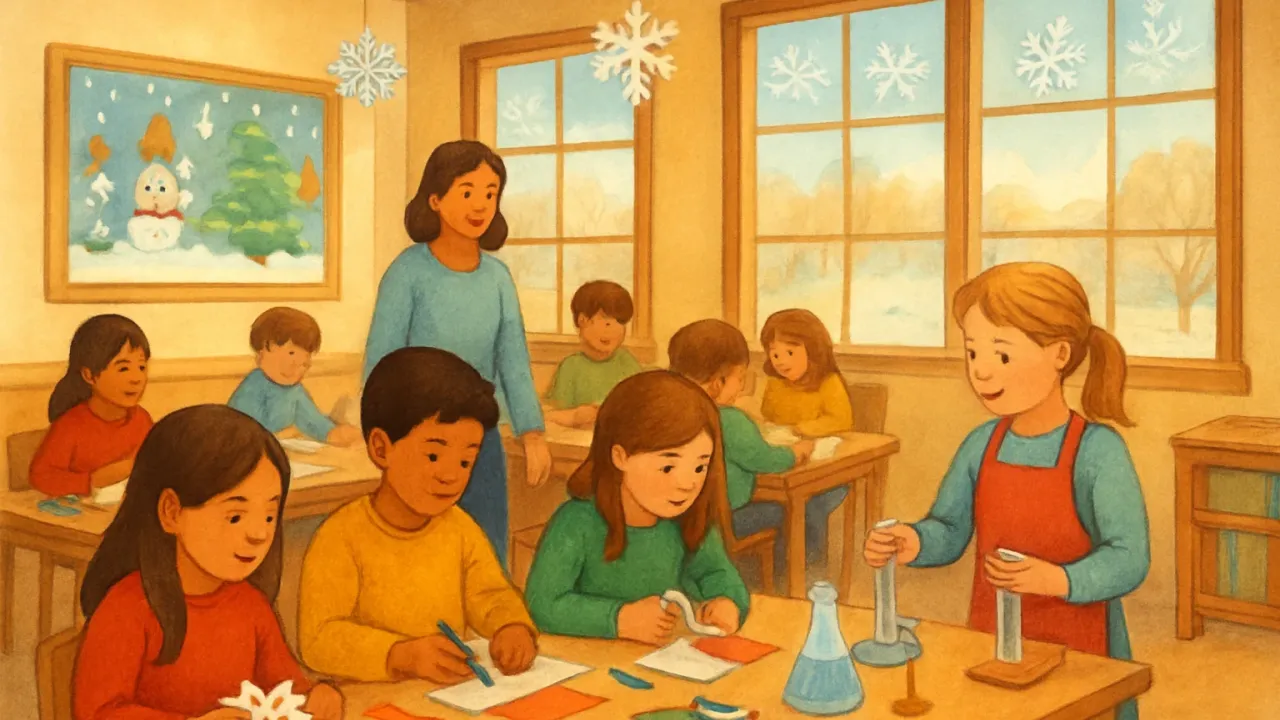 Children participating in winter-themed craft and science activities during Vacation Bible School
