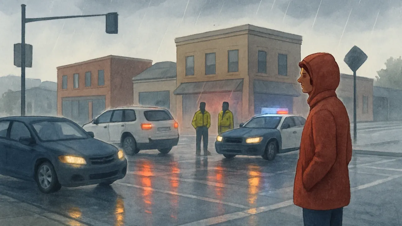 Illustration of a three-vehicle collision at a city intersection with emergency responders present.