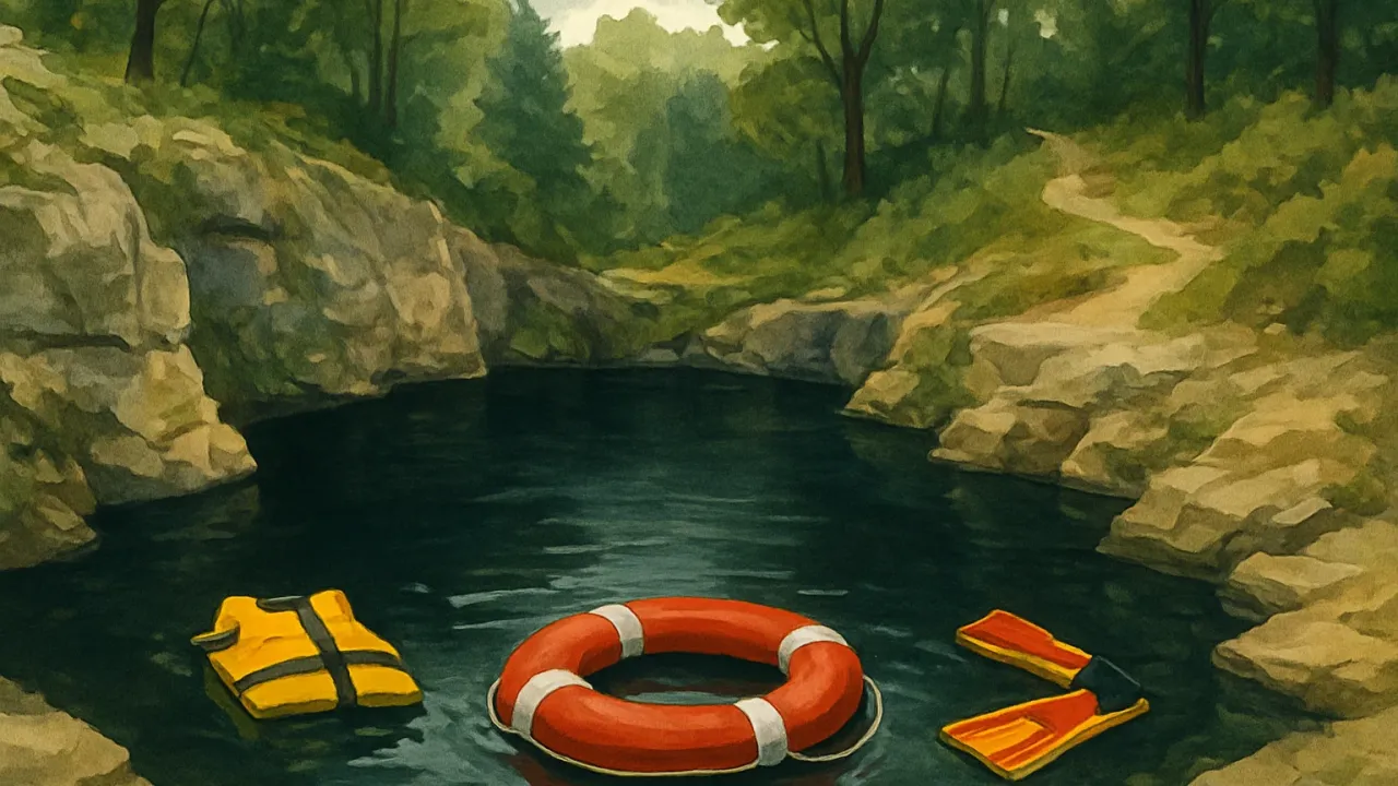 Illustration depicting a forest pool with rescue gear suggesting a drowning investigation