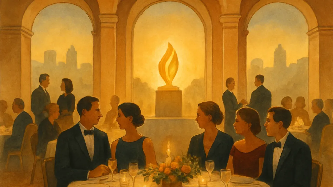 A respectful community awards gala illustration with glowing recognition elements and a Topeka-like skyline backdrop