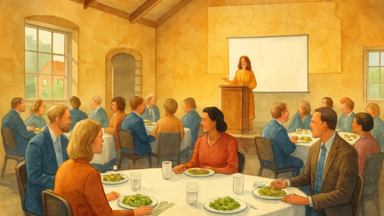 Illustration of a community luncheon with people networking near a small stage in a local hall.