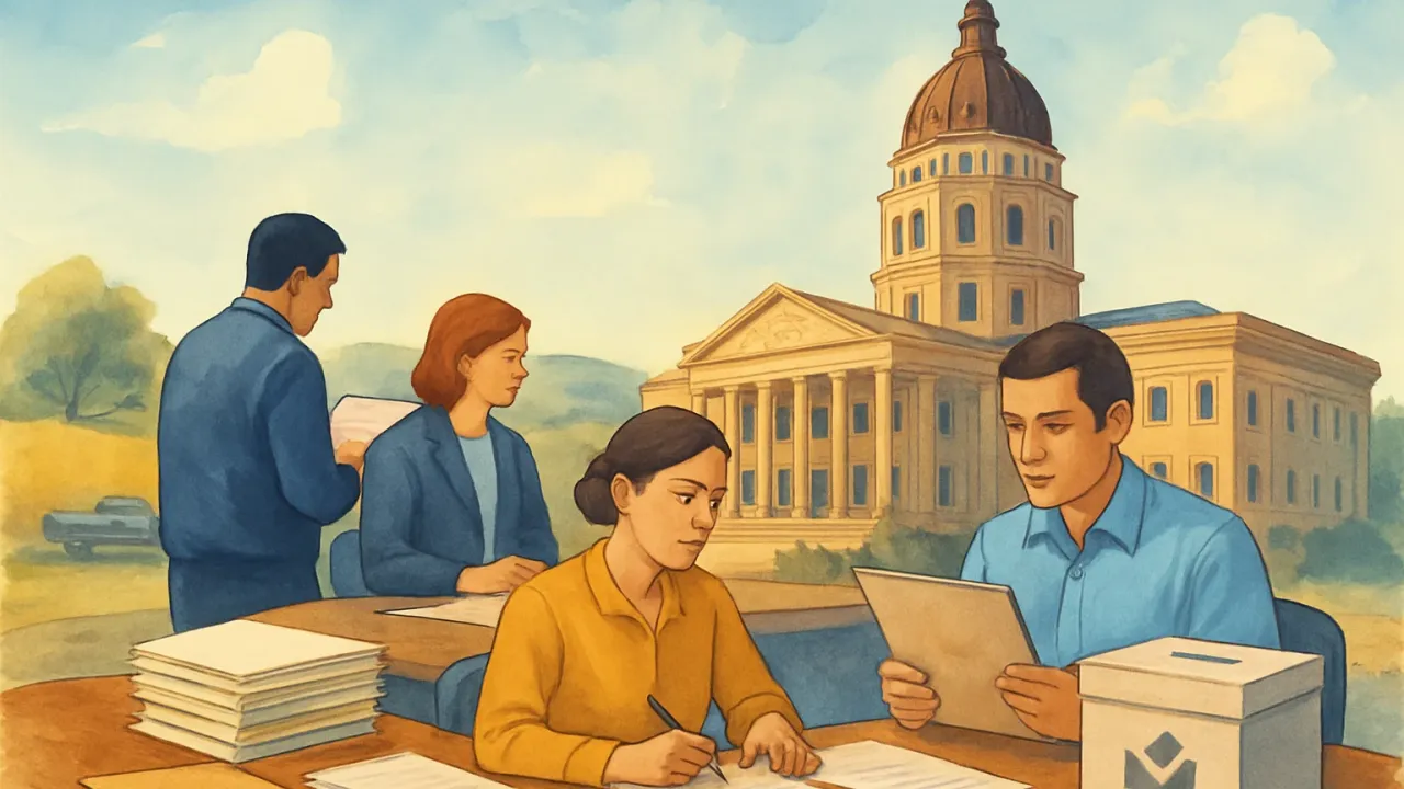 An illustration showing a county office canvassing election paperwork in an orderly meeting setting with courthouse-inspired architecture in the background.