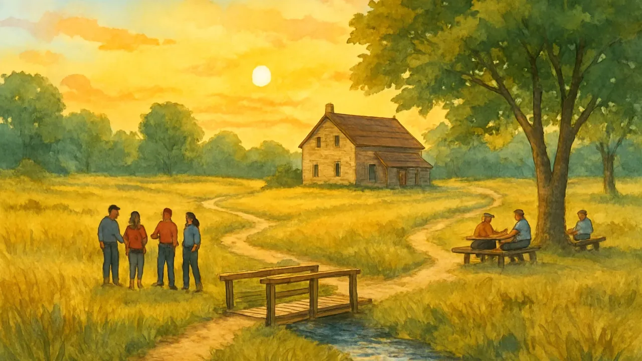 Sunrise view of a prairie trail leading to a historic farmhouse, creek, and picnic spots at a nature park.