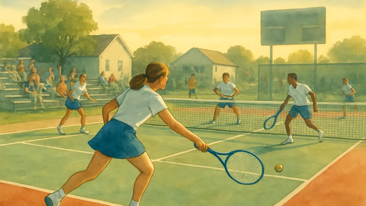 A painterly tennis-court scene showing young players rallying under bright daylight.