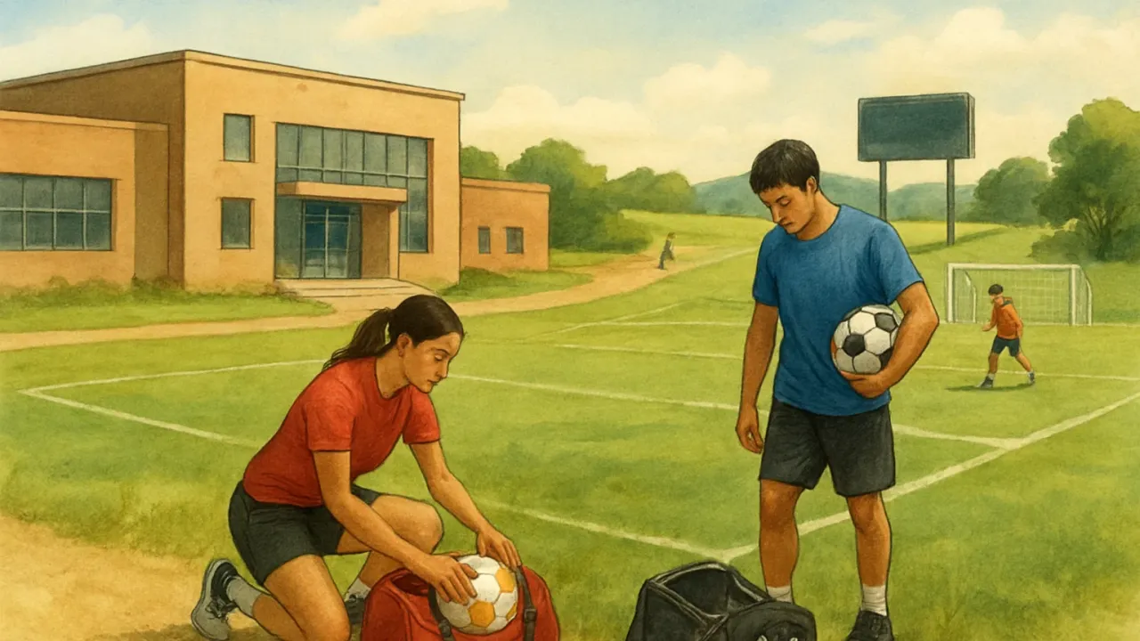 An original illustration showing a Kansas high school sports scene with volleyball and soccer activity preparing for upcoming events.