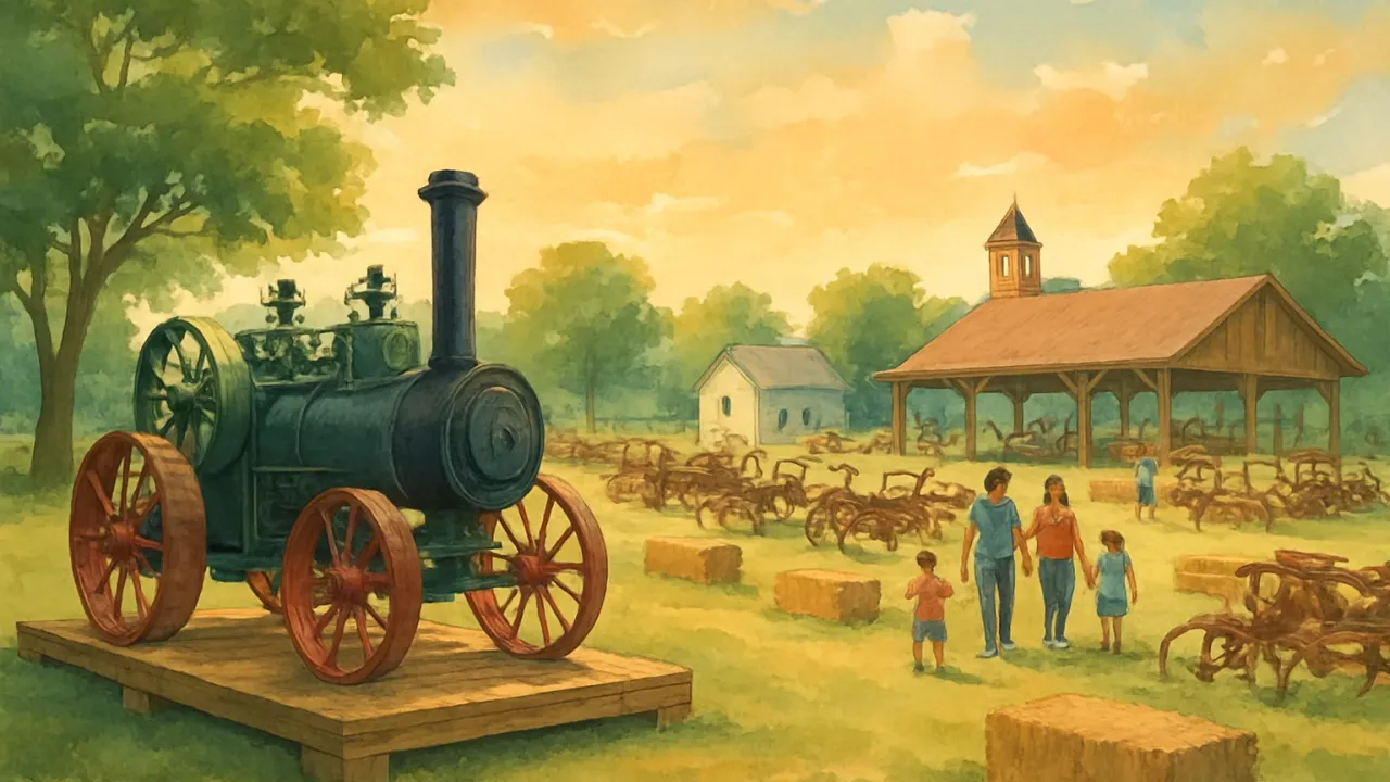 Families strolling through a heritage park with antique engines and vintage farm equipment on display.