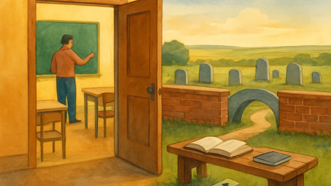 Illustration of a Kansas community honoring an educator with books, a bench, and a peaceful cemetery backdrop under evening skies.