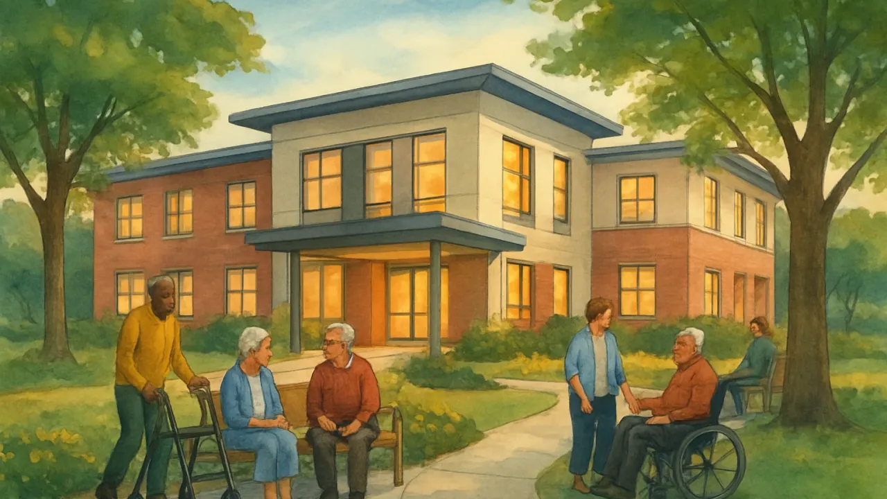 An illustration of a warm, accessible senior housing community in Hays with residents gathering outdoors near a landscaped courtyard.