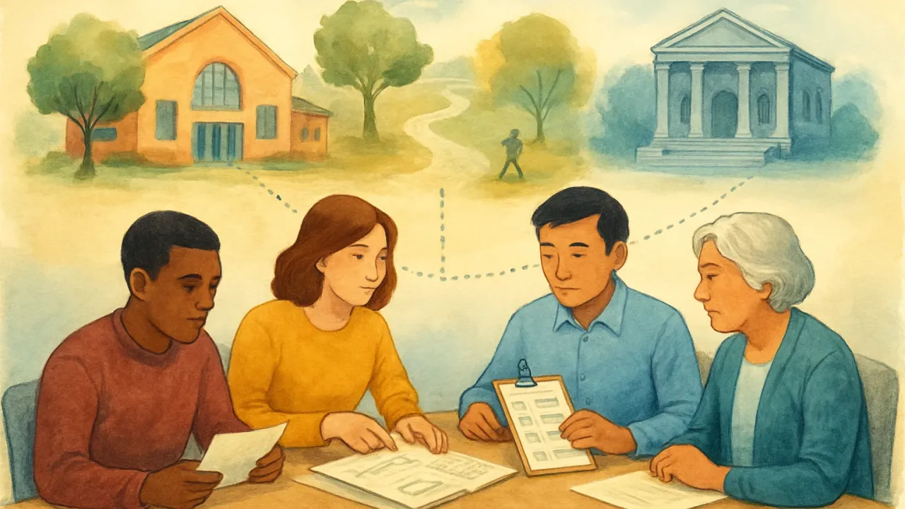 A community meeting scene showing folders, icons, and dotted connections between civic oversight and recreation and nature-support activities.