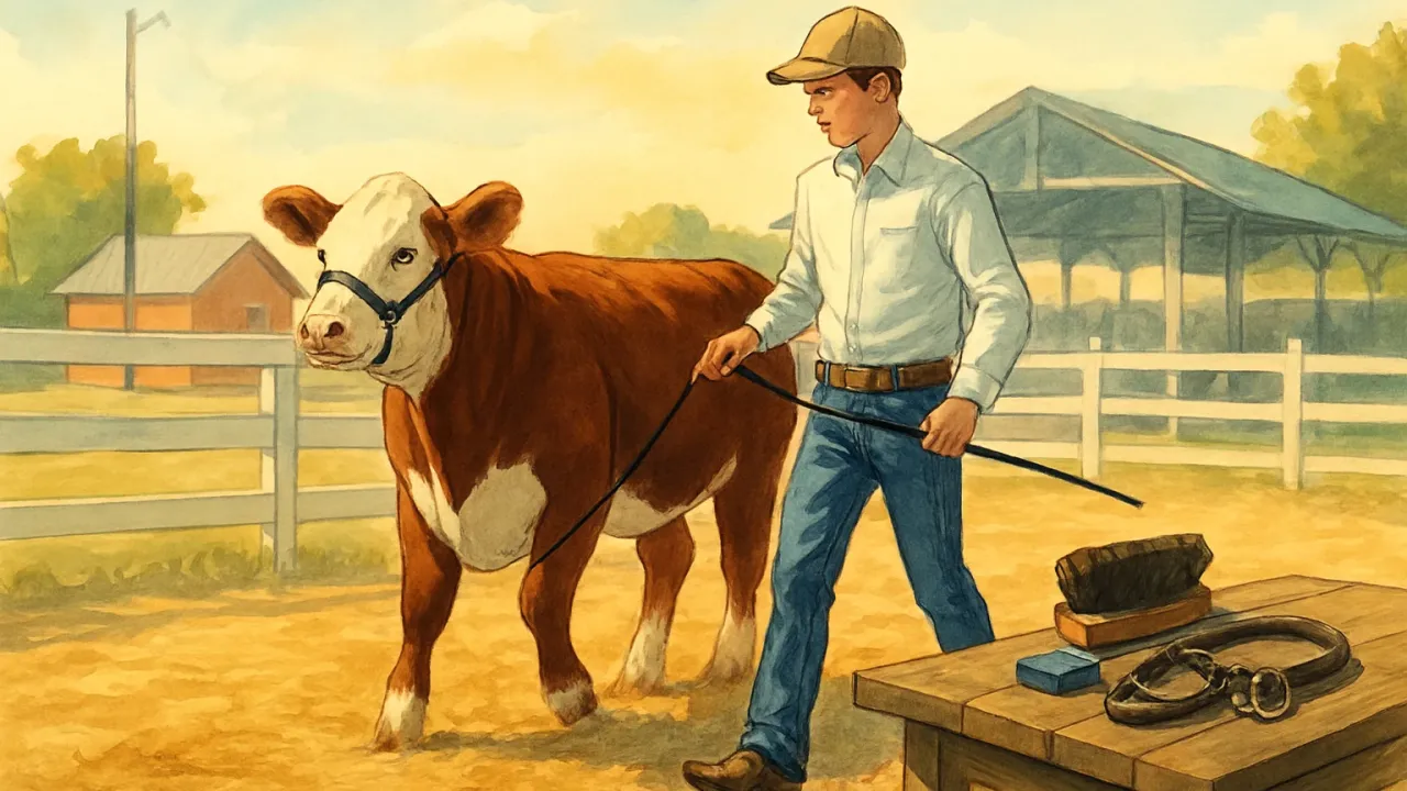 A youth leading a Hereford heifer in a show ring with grooming tools nearby in a fairground setting.