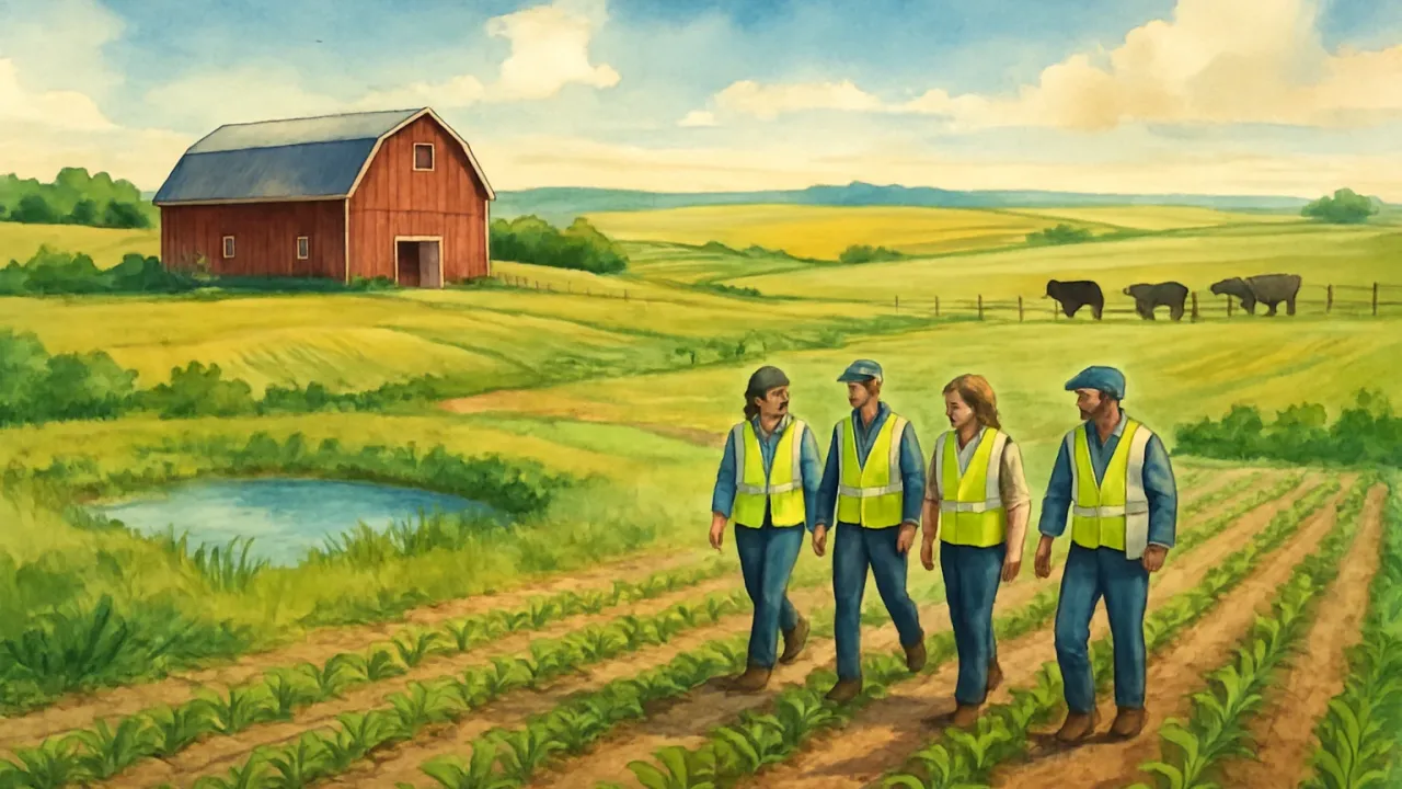 A rural prairie farm with a pond, cover-crop field plots, and cattle, with people walking through a field-learning demonstration.