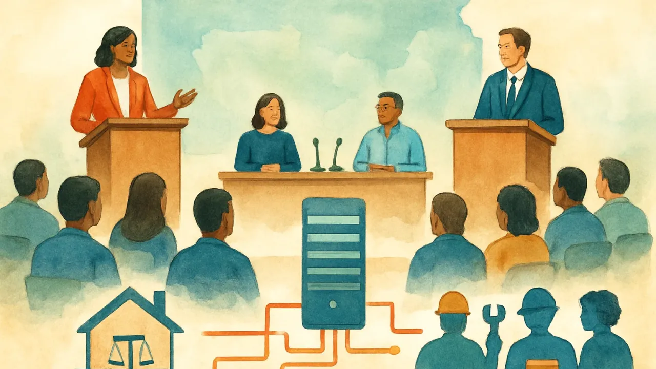 Illustration of a Kansas civic forum with microphones, housing and workforce symbols, and an energy/data center concept in the background.