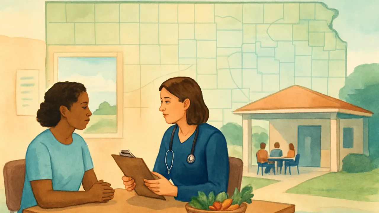 Community health worker meeting in a rural clinic with nutrition support elements in the background