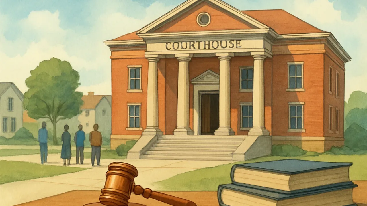 Illustration of a courthouse exterior with legal objects and community members standing nearby