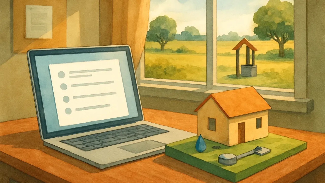 An illustration showing county planning staff reviewing a survey on a laptop while focusing on septic and water well infrastructure.