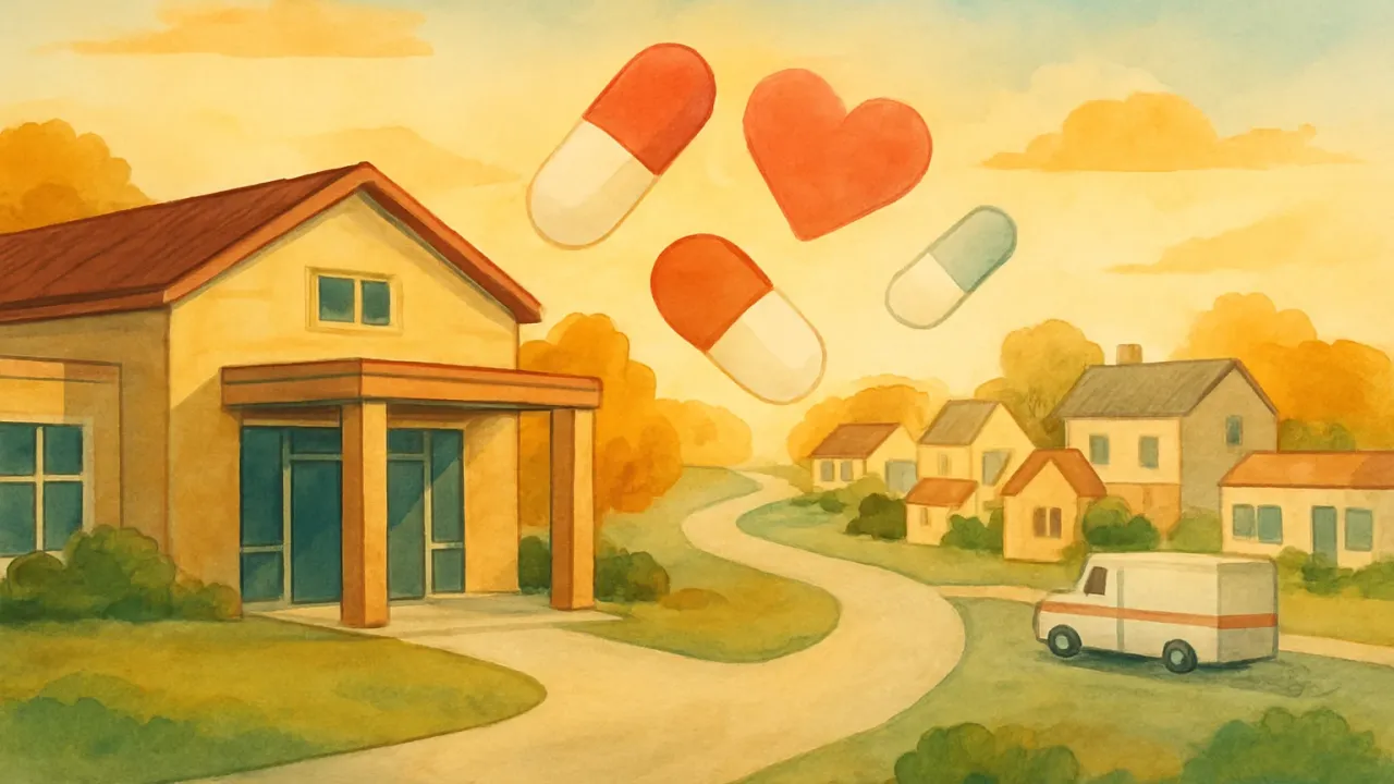 Illustration of a small hospital helping surrounding communities maintain access to healthcare
