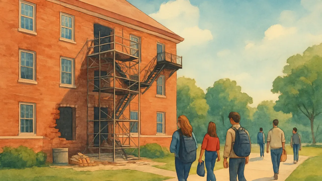 Artist illustration of a campus residence hall exterior with repair scaffolding and residents preparing to move in