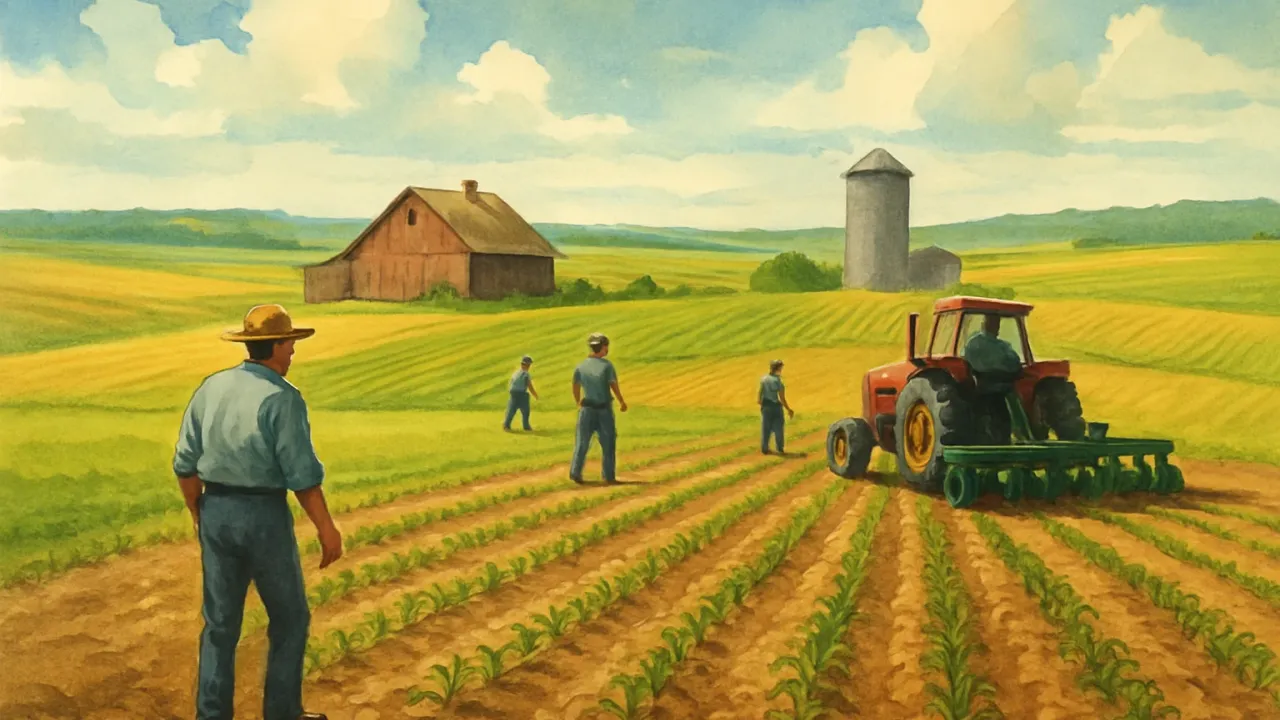 Workers prepare field equipment in dry, sunlit Kansas farmland with mixed crop rows and a barn in the distance.