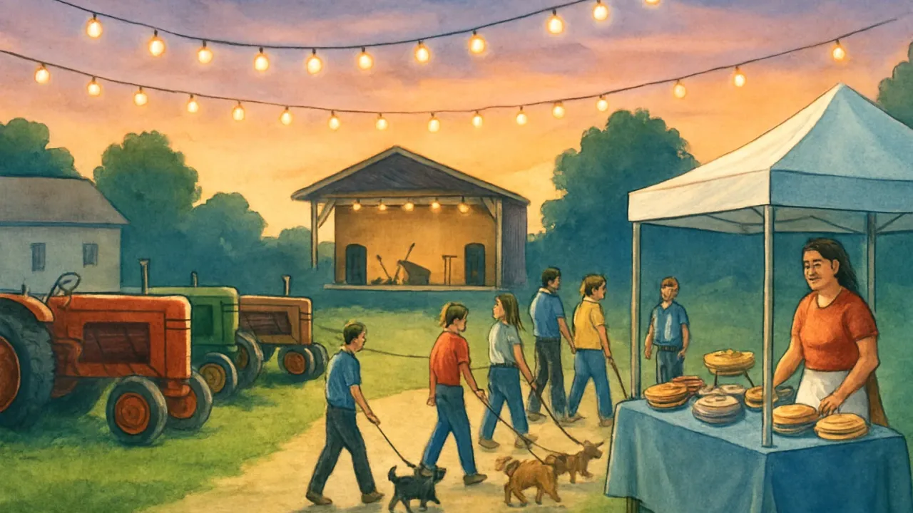 Outdoor fair scene with antique tractors, a pet parade path, and dessert vendor tents at dusk.
