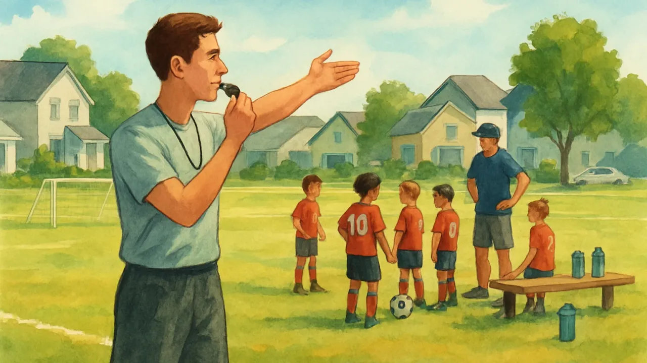Illustration of a young youth-soccer referee training on a summer field in Overland Park with water bottles nearby