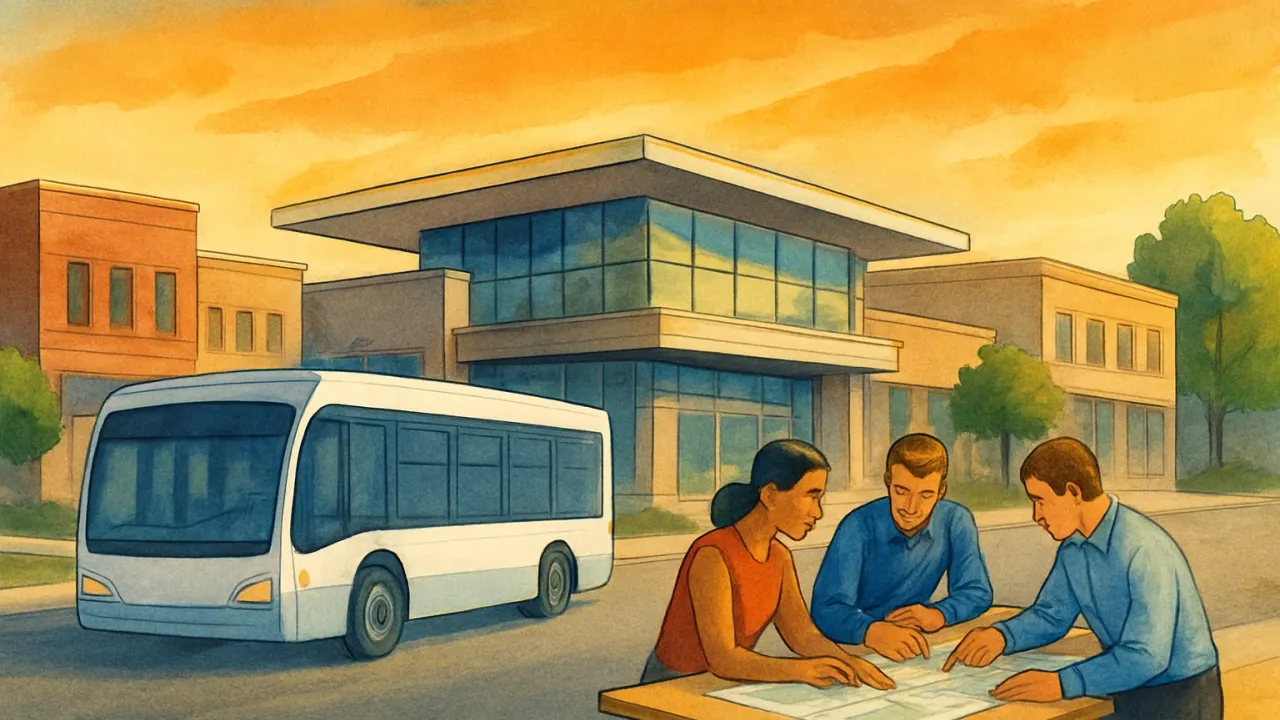 Illustration of a Kansas town street and community partners collaborating on a county economic development plan without any labels.
